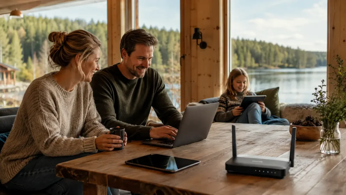 Family using a laptop and tablet at a cabin, with a router on the table and forest and lake outside the window.