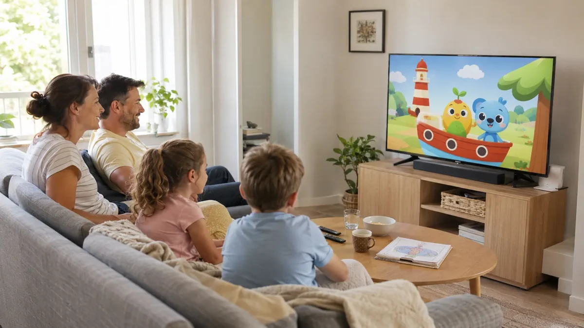 A family watching cartoons together in a bright Norwegian living room.