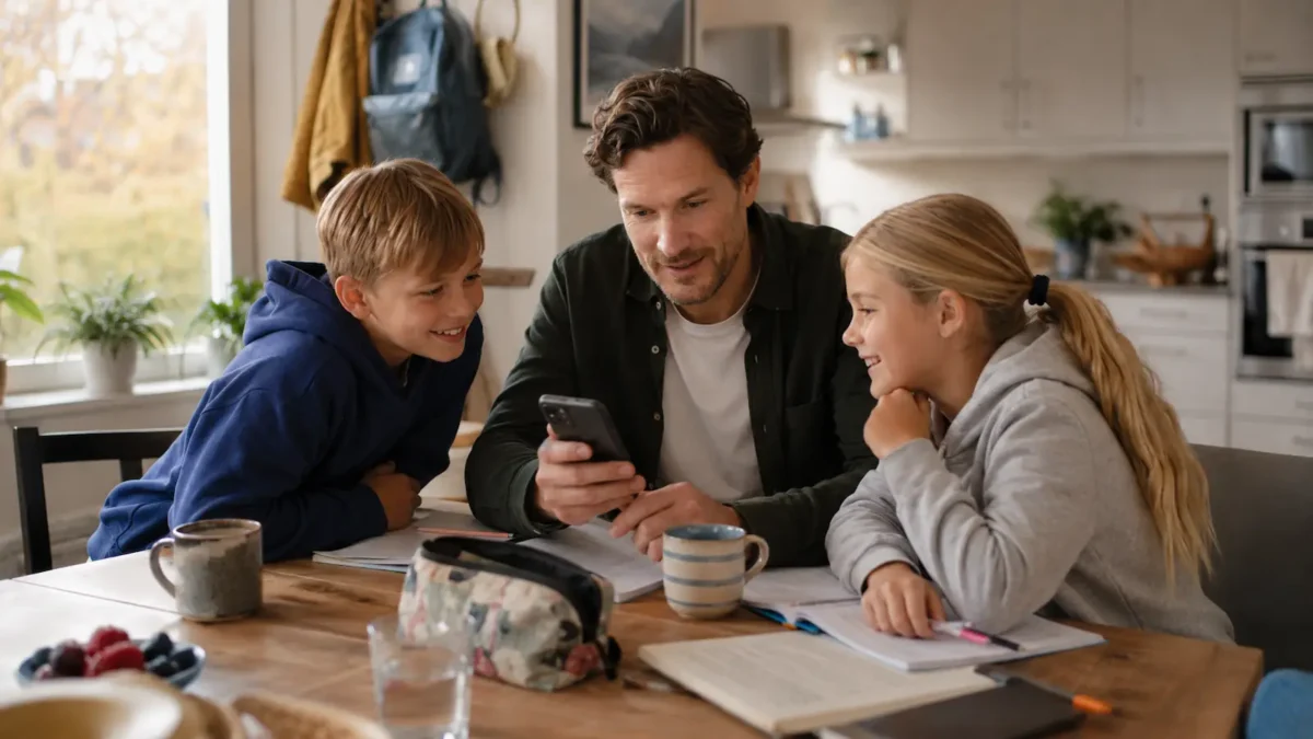 familieabonnement-gjor-hverdagen-enklere Family around the kitchen table looking at a phone together in a calm everyday situation.