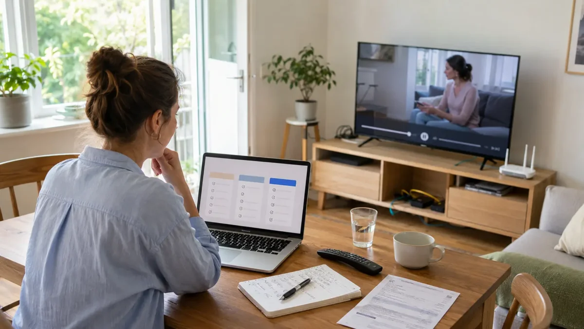 A person comparing TV package options at home by a bright table with a laptop, remote control, notebook and bill.