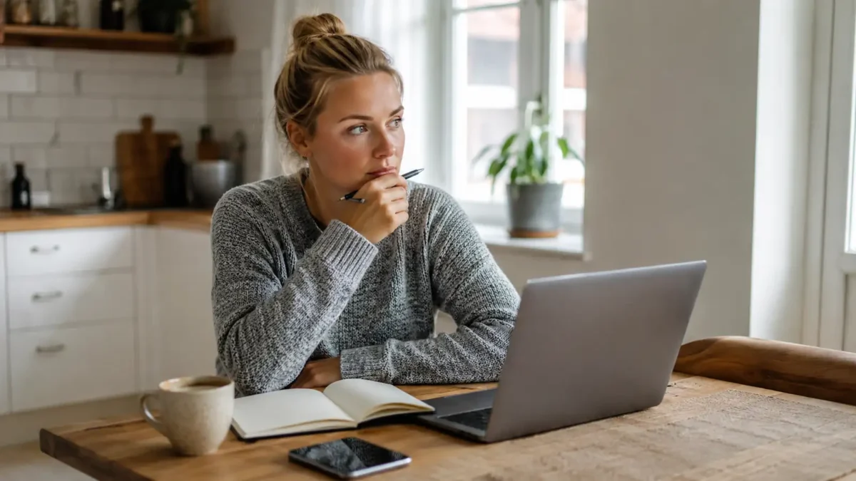 Woman sitting at a kitchen table with a laptop, notebook, phone and coffee cup before choosing broadband.