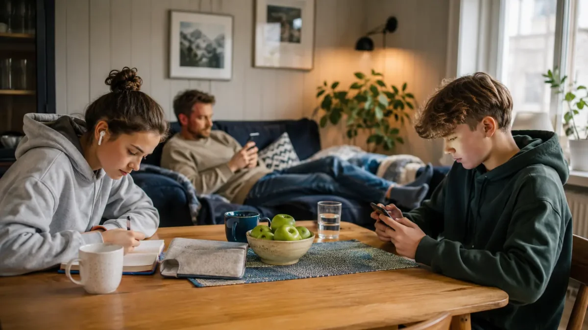 fri-data-ikke-nodvendig-for-alle Familie at home i stuen med mobilbruk i hverdagen, der ikke alle trenger fri data.