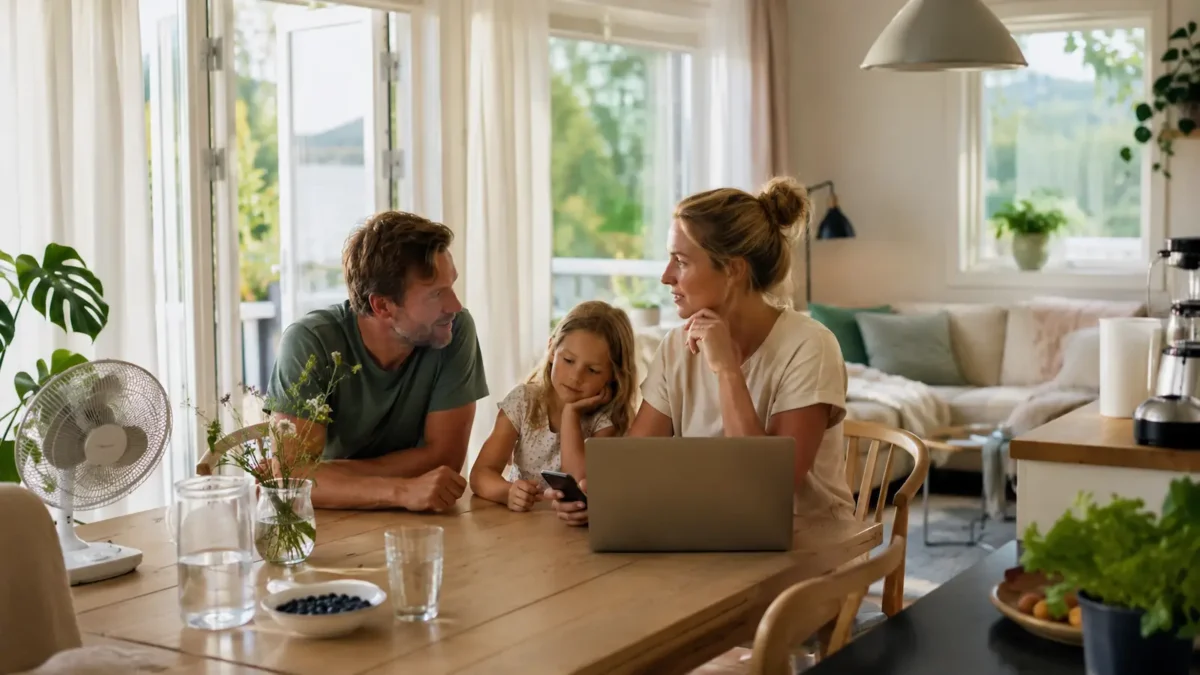 hvilken-stromavtale-passer-for-deg-sommerfamilie Familie sitter samlet ved kjøkkenbordet i et lyst hjem på en varm sommerdag.