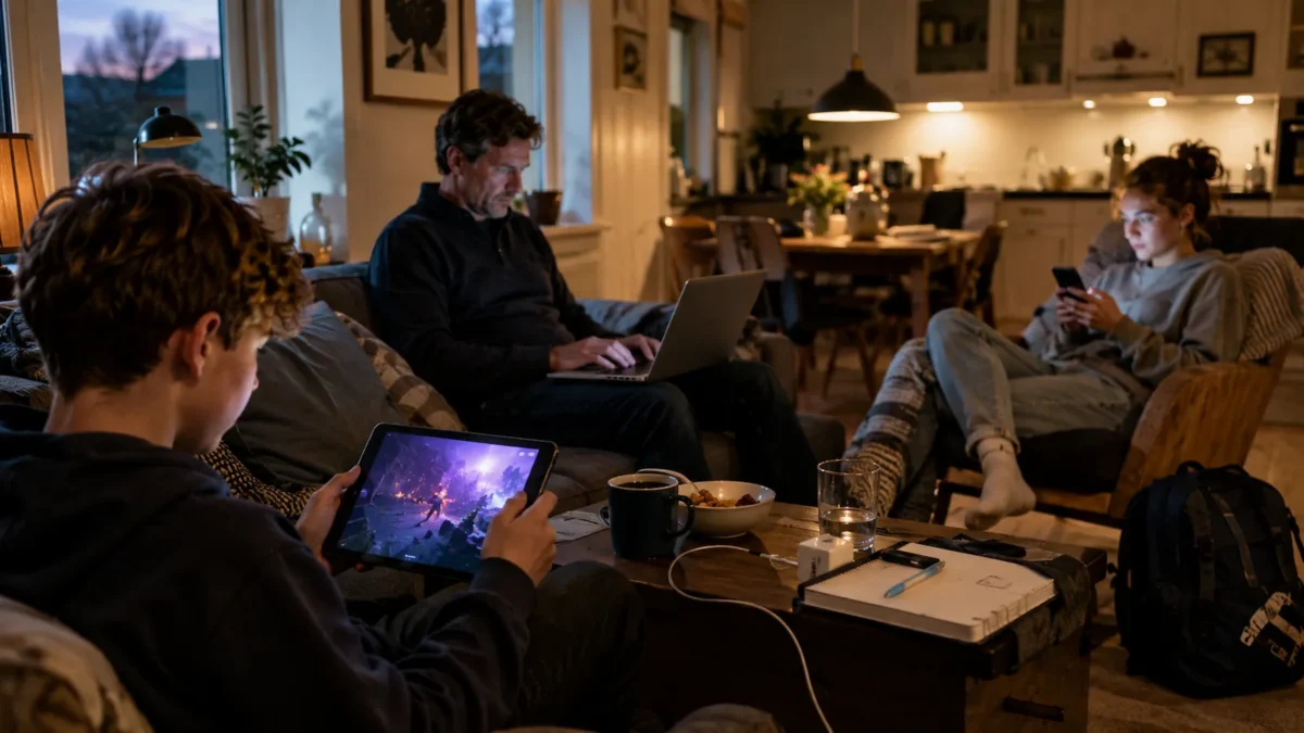 Family at home using several devices at the same time — laptop, mobile phone and entertainment in a cosy everyday setting.