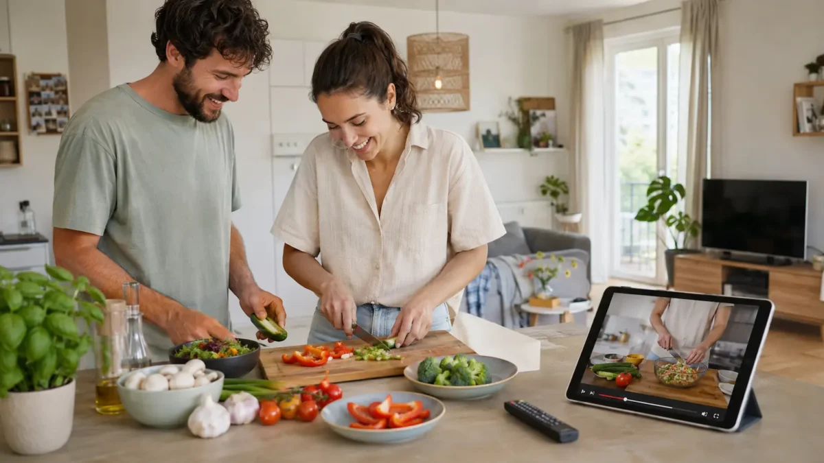 Two people cooking dinner together while a cooking video plays on a tablet in a bright Norwegian living room.