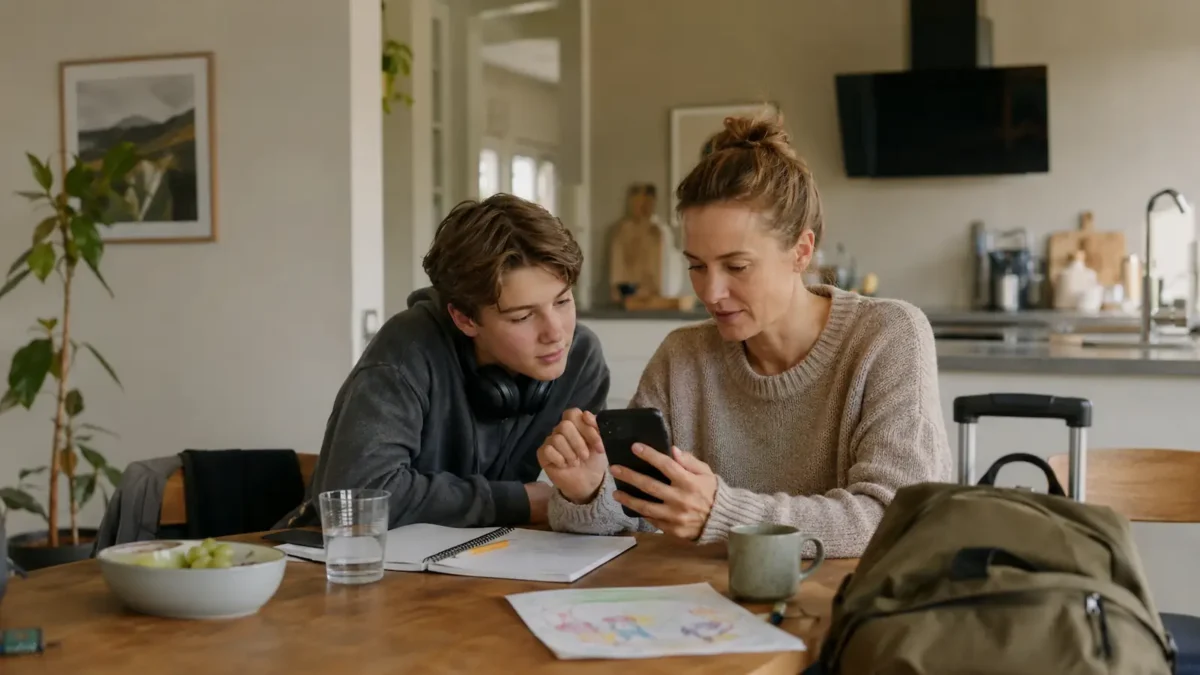 mobilabonnement-for-ulike-behov Mother and teenager looking at a phone together by the kitchen table, with schoolwork and everyday items around them.