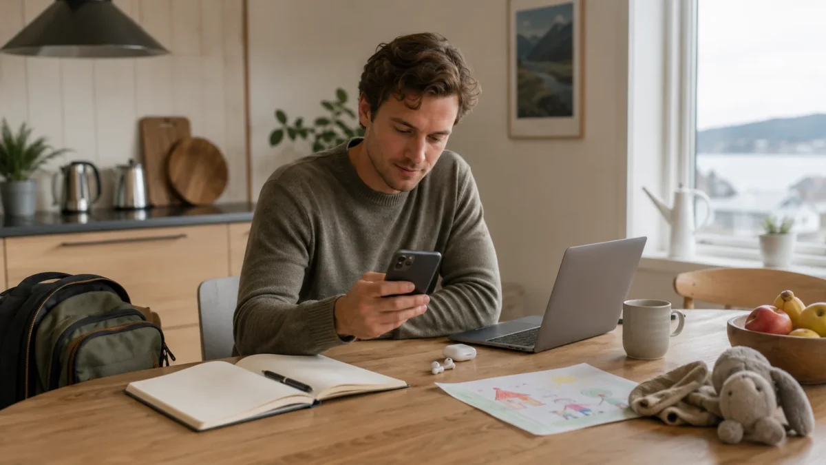 mobilabonnement-i-norge-riktig-bruk (2) Man comparing mobile plans on a phone and laptop at home by the kitchen table.