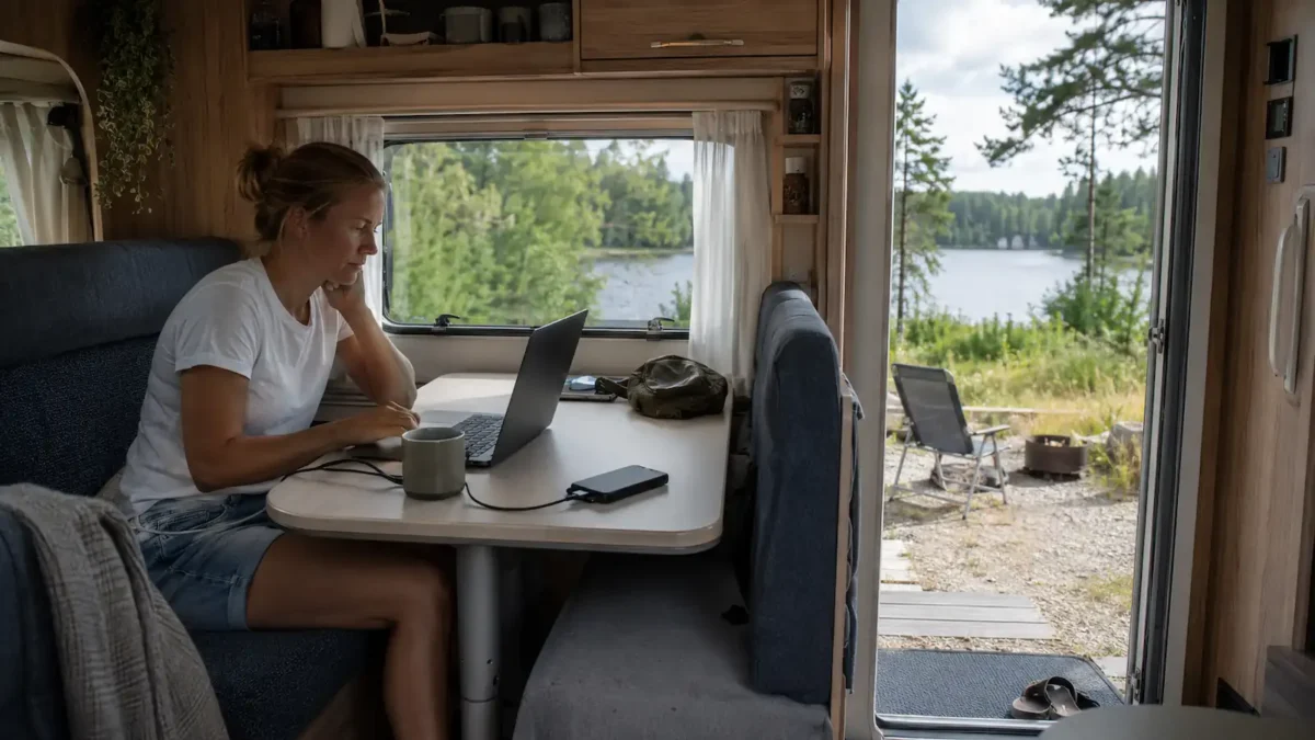Person working on a laptop inside a Norwegian campervan at a summer campsite by forest and lake, using a mobile phone as a hotspot.