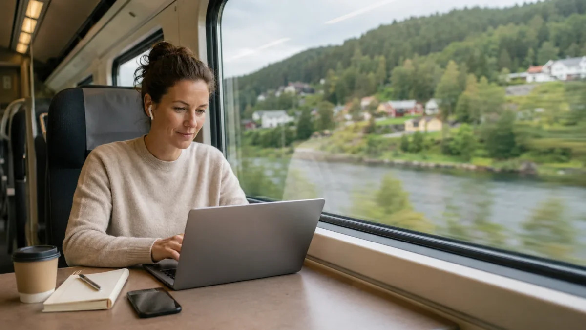 Person working on a laptop on a train, illustrating when mobile broadband is a practical choice on the go.