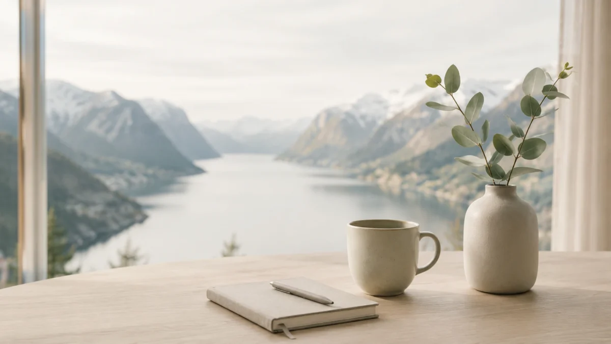 Kopp, anteckningsbok och vas på ett bord i lugn nordisk stil