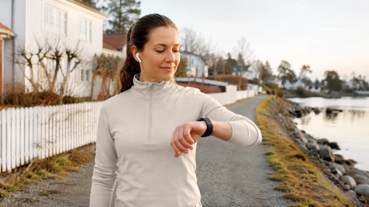 smartklokke-uten-mobil-i-lomma Woman walking along the coast looking at her smartwatch, with no phone visible.