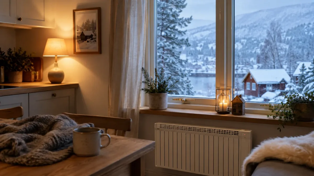 spotpris-fastpris-og-norgespris Vinterlig stue med tent lampe, panelovn og snøutsikt gjennom vinduet.