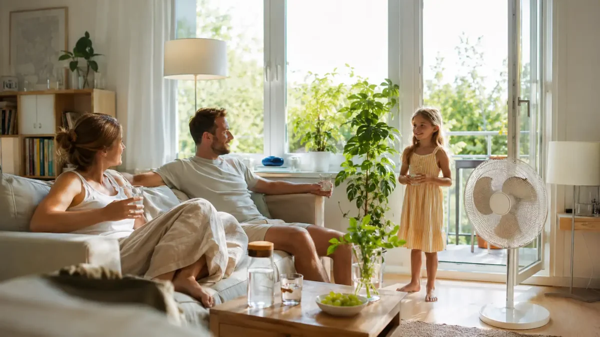 strombruk-i-varmt-sommervaer Familie slapper av hjemme i sommervarme med åpent vindu, vifte, grønne planter og dagslys.