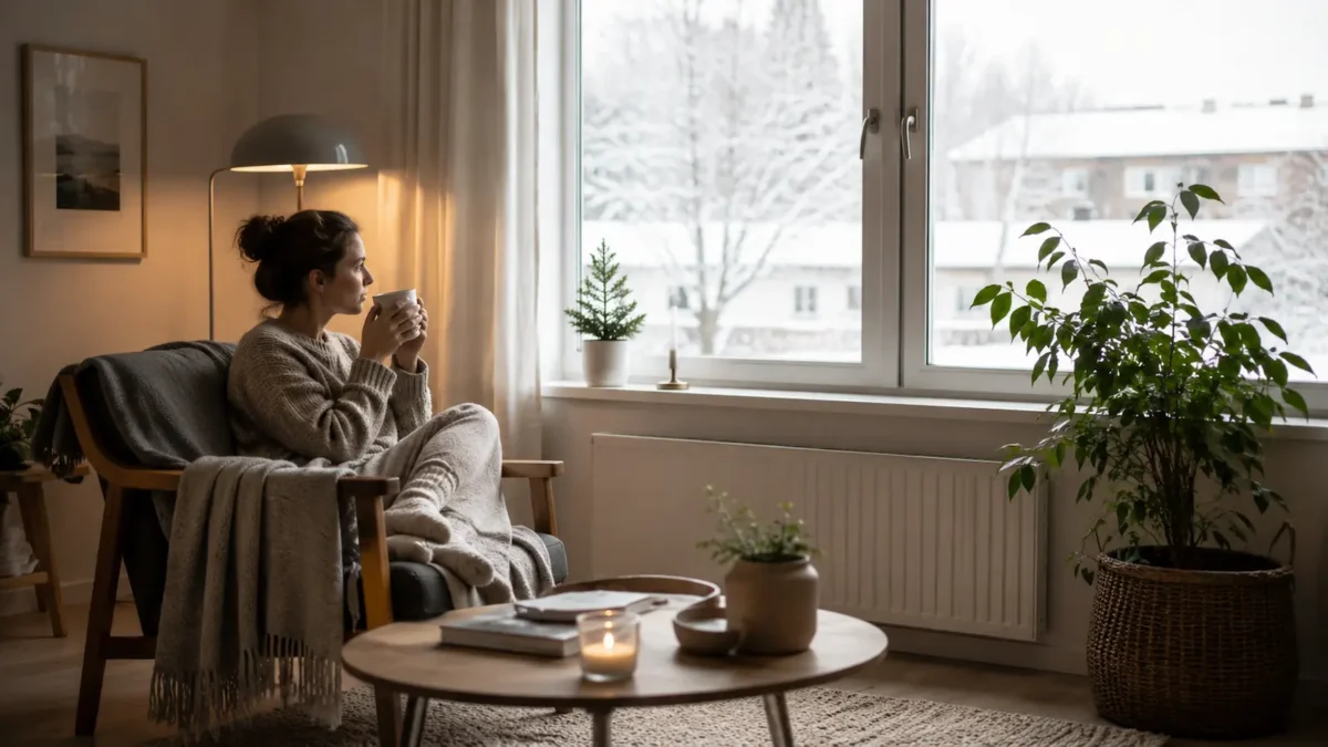 stromstotte-gronn-strom-og-opprinnelsesgarantier Kvinne sitter ved vinduet i en varm stue med grønn plante, lampe og vinterutsikt.