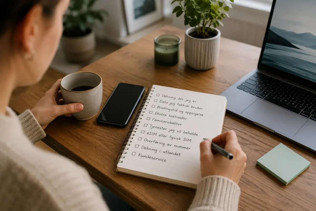 ting-a-sjekke-for-du-bytter-mobilabonnement Person writing a checklist at a desk before switching mobile plans.
