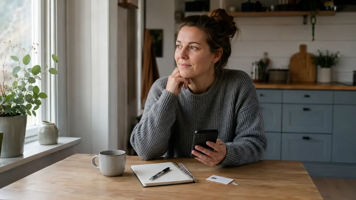 uten-binding-enklere-a-bytte-senere Woman with a phone at the kitchen table, with a SIM card and notebook in front of her, illustrating flexibility without a binding period.