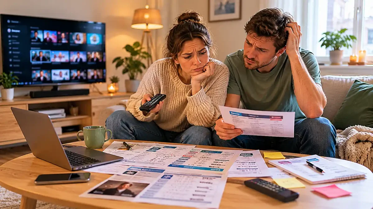 Two people looking confused while comparing TV package options with a laptop, remote controls and papers on the table.