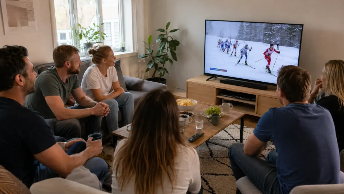 A group of friends watching cross-country skiing on TV in a bright, ordinary Norwegian living room.