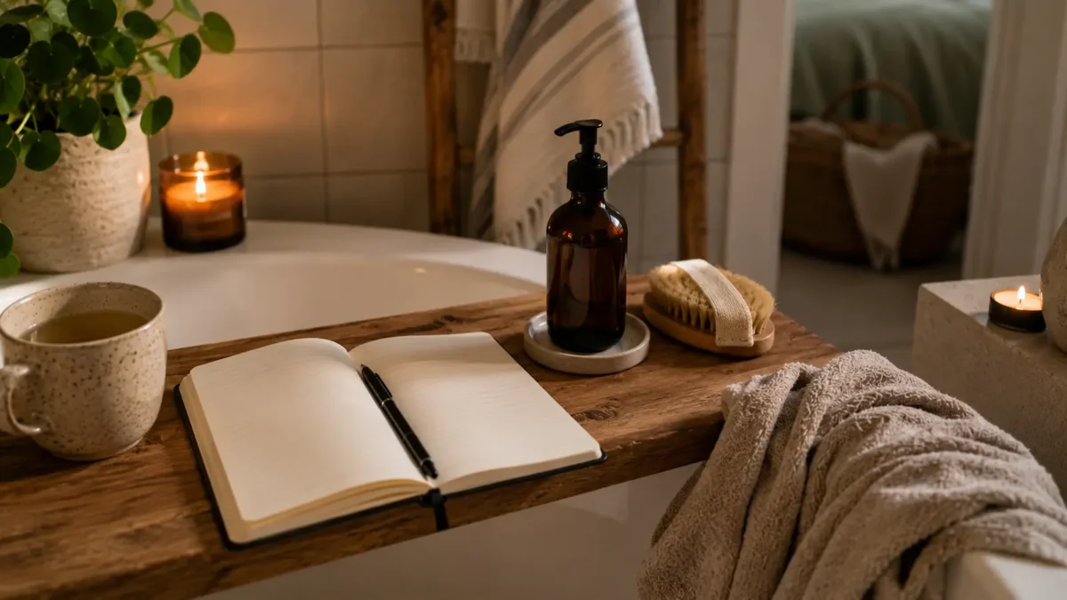 Cozy bathroom scene with tea, a notebook, a candle and simple self-care items in a Scandinavian home.
