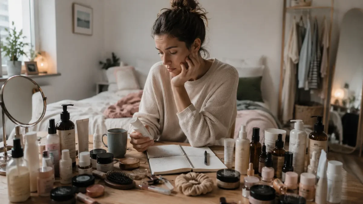 Woman sitting at a wooden table in a Scandinavian bedroom, looking thoughtfully at a skincare product surrounded by many beauty items, makeup, haircare, tea and a notebook.