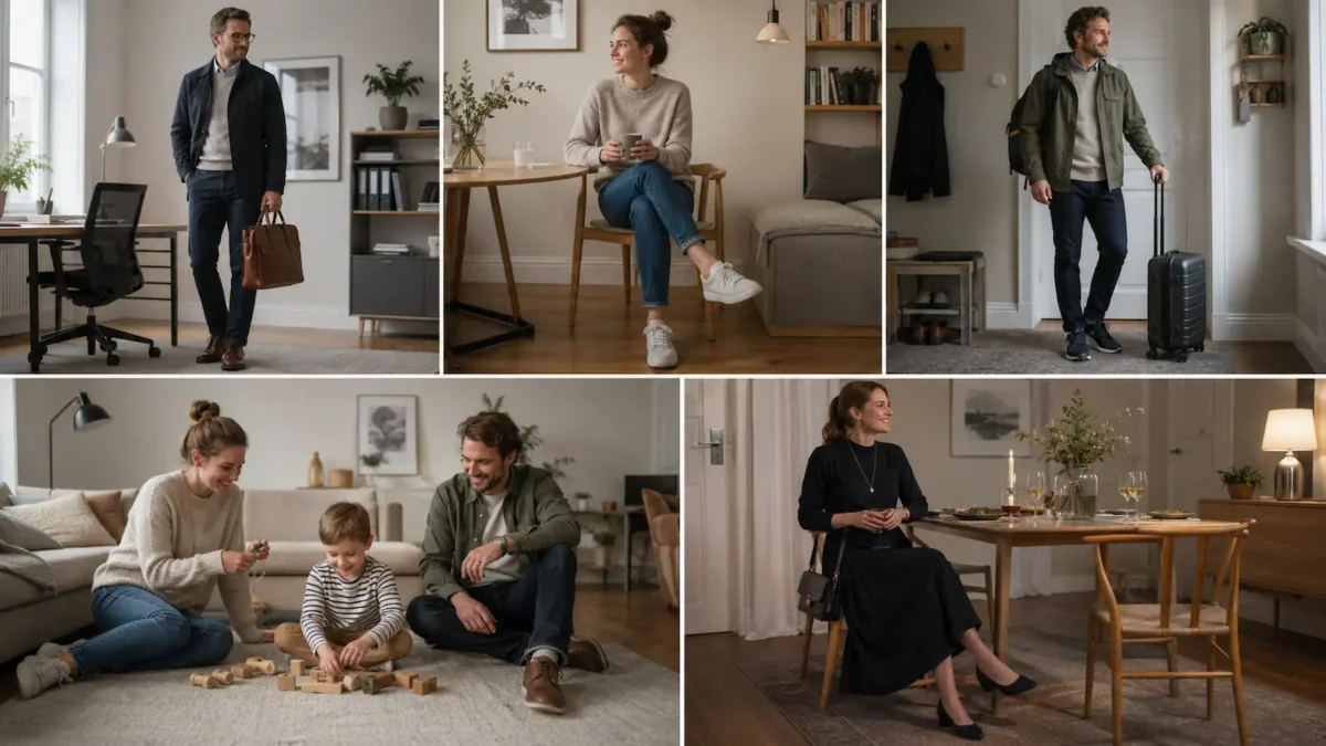 Collage showing clothes and shoes for different everyday needs, including work, leisure, travel, family life and social occasions, in a calm Scandinavian style.