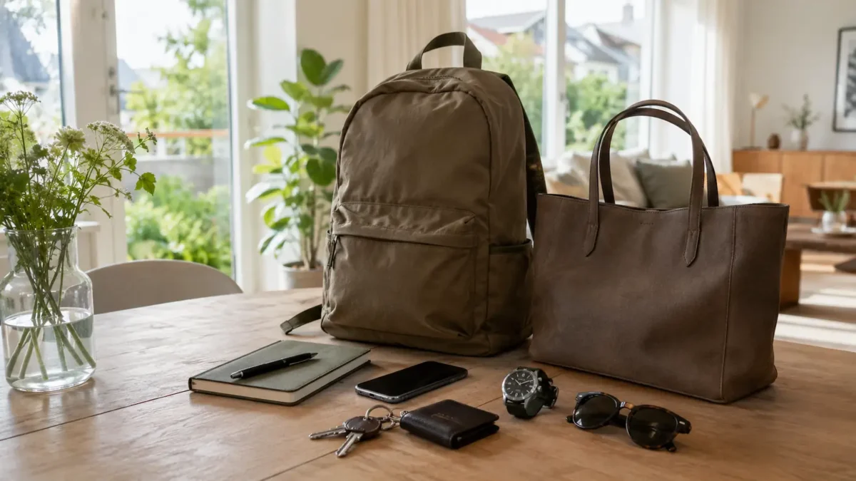 Everyday carry accessories laid out on a table, including a backpack, bag, watch and sunglasses.