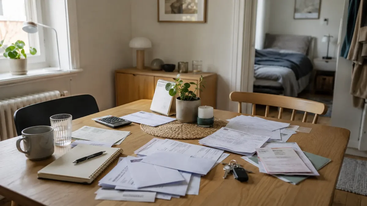 Everyday paperwork spread across a small dining table in a modest Scandinavian apartment, with bills, unopened envelopes, a notebook, a calendar and keys in soft daylight.