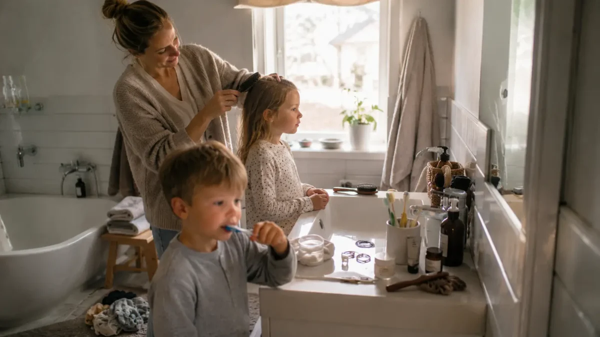 Parent helping children get ready during a realistic morning routine in a Scandinavian bathroom.