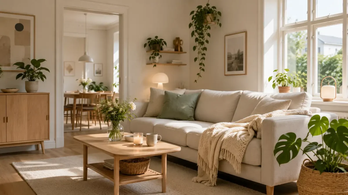 Ljust skandinaviskt vardagsrum med soffa, växter, trämöbler och mjukt dagsljus.