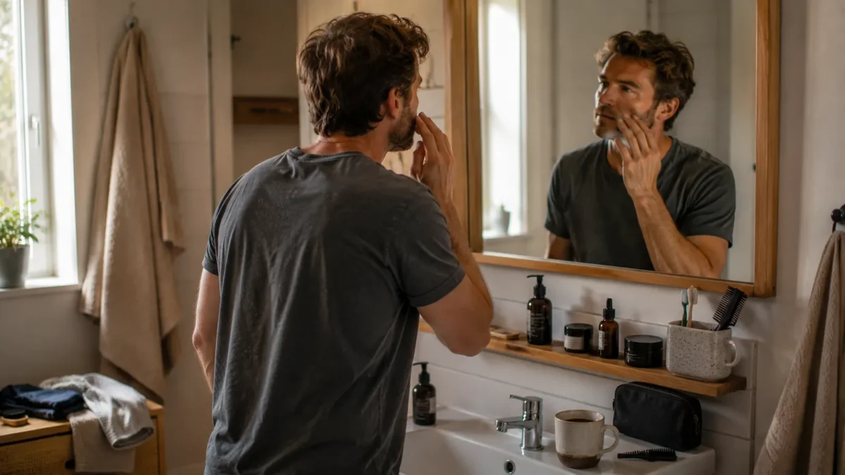 Adult man during a simple grooming routine in a calm Scandinavian bathroom with everyday items nearby.