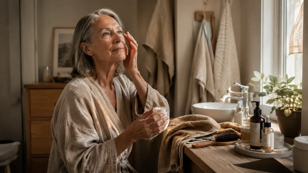 Older adult applying skincare during a calm everyday self-care routine in a Scandinavian home.