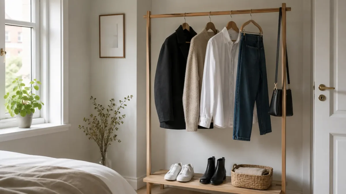 Minimalist wardrobe with a few carefully chosen everyday clothes arranged neatly in a bright Scandinavian home.