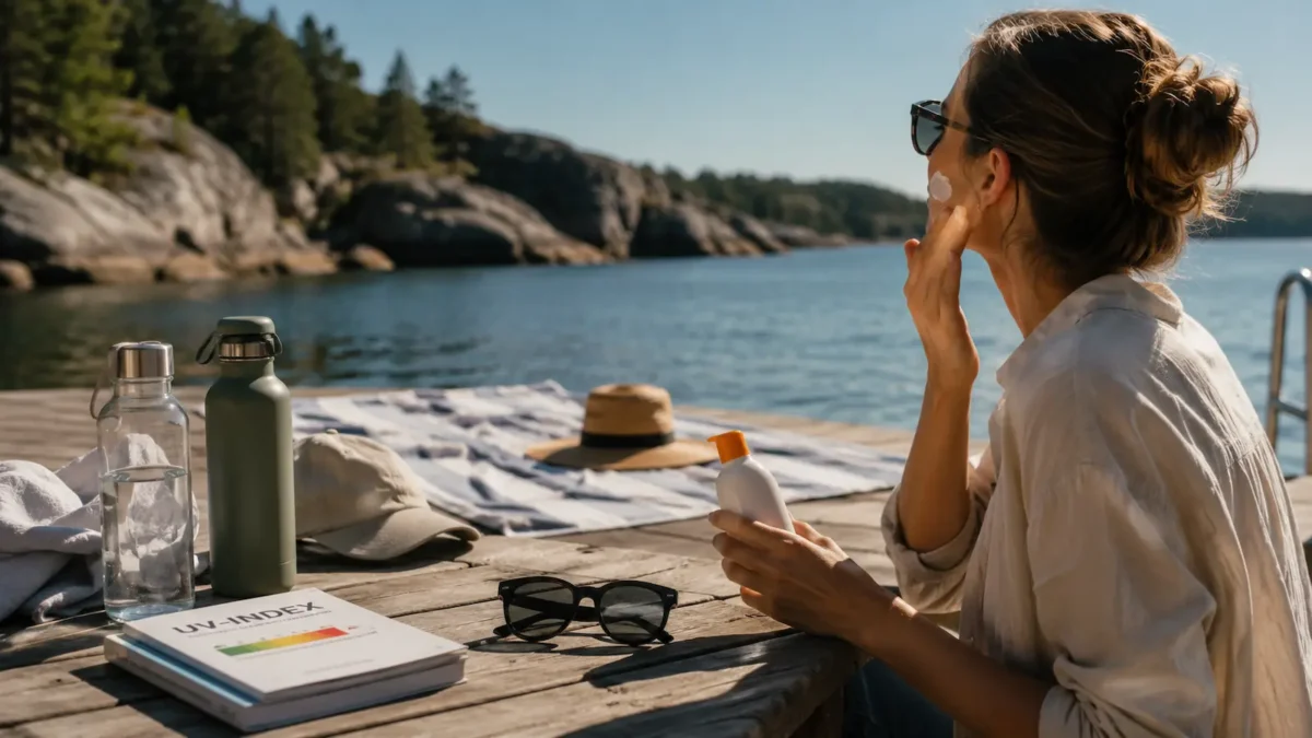 Woman applying sunscreen by a calm Scandinavian lake with a hat, sunglasses, water bottle and UV index guide nearby.