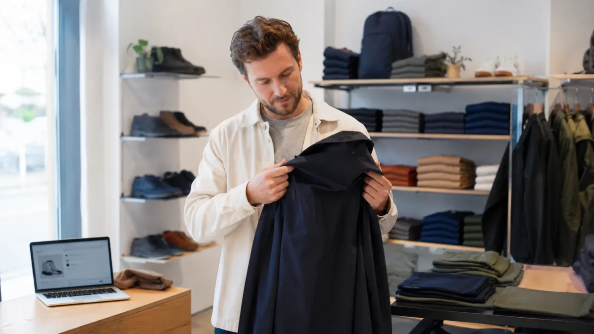 Person thoughtfully considering a clothing item before purchase
