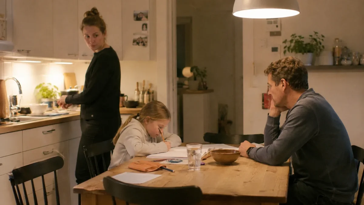 Parents and child spending a weekday evening around the table in an ordinary kitchen with homework and dinner preparation.